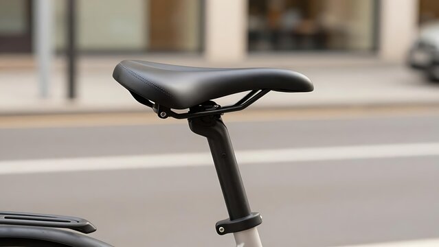 Black bicycle saddle in close-up on a blurred background of a city street, details of modern bicycle equipment