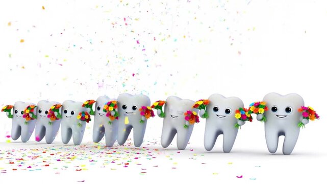 A parade of tooth characters dances with bouquets in a festive line. Energetic 3D animation for dental clinic group celebrations.