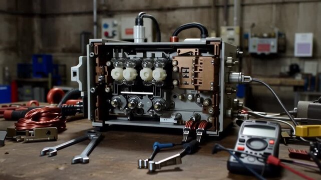 Industrial workshop with machinery tools.