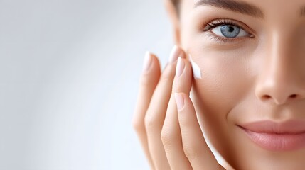 Plakat Close up of a beautiful woman s face gently applying hydrating facial cream to her soft skin emphasizing healthy beauty and self care routine