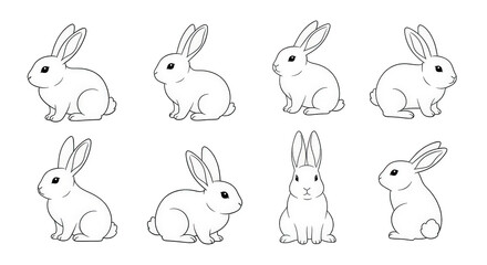 Fototapeta premium Rabbit icons set, black and white line art vector illustration