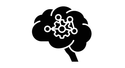 Brain illustration with cogwheel inside, representing thought process and mental machinery in a simple graphic design