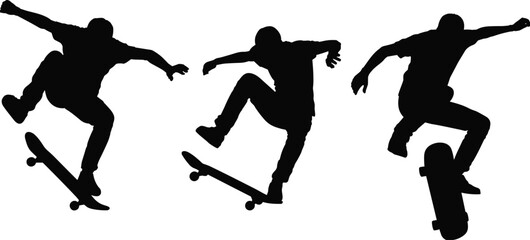 Obraz premium Black silhouette of three young male skateboarders performing high jumps and mid-air kickflip tricks isolated on white background for urban sports vector design