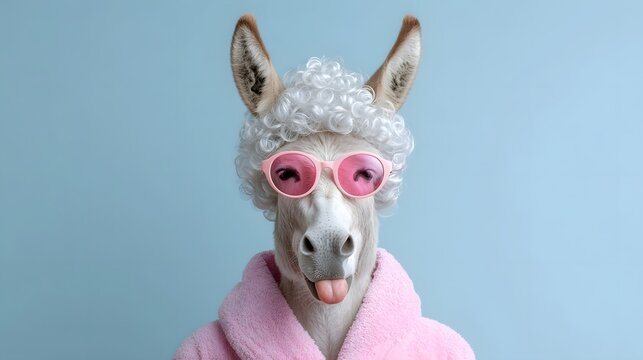 Humorous portrait of a donkey in a curly wig pink sunglasses and pink bathrobe playfully sticking out its tongue against a blue studio background