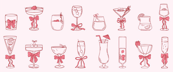 Whimsical Coquette cocktails with bows hand drawn set. Cute aesthetic glasses with ribbon and bow in sketch style. Decoration bachelorette party elements for wedding invitations. Line art vector  © Arts By Meryama