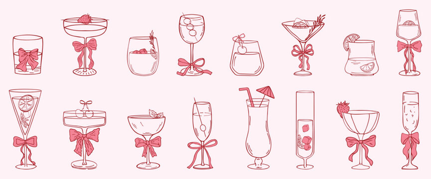 Whimsical Coquette cocktails with bows hand drawn set. Cute aesthetic glasses with ribbon and bow in sketch style. Decoration bachelorette party elements for wedding invitations. Line art vector 