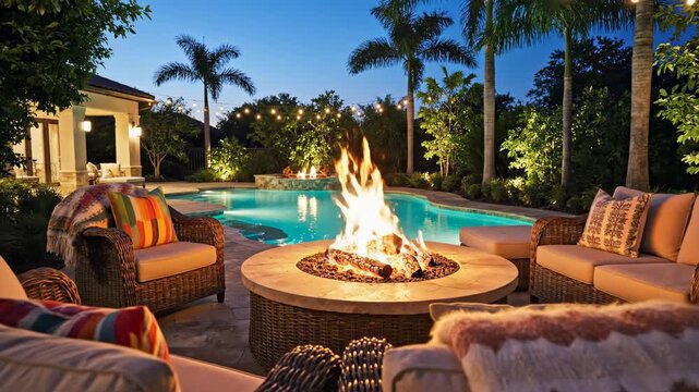 Cozy outdoor living space with fire pit and pool at night.