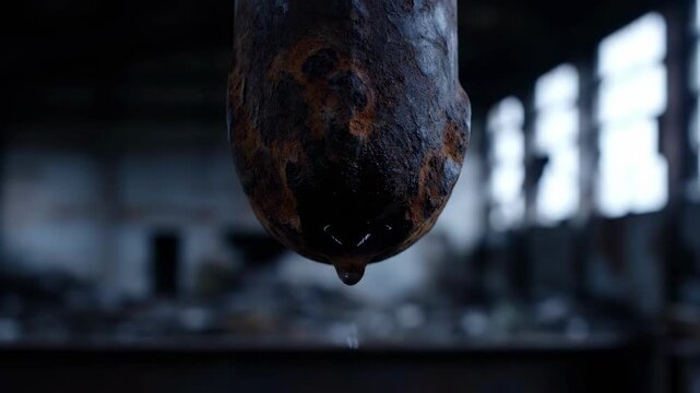 Rusty Metal Pipe Leaking Single Water Drop In Abandoned Factory Industrial Decay Close Up.