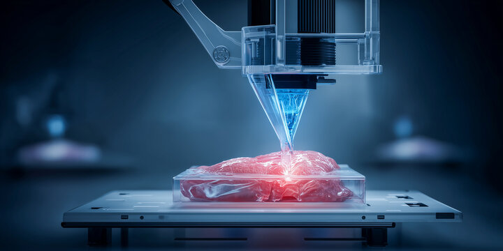 realistic photo of a 3d bioprinter creating complex organ tissue layers with glowing bio ink in a sterile laboratory, depicting regenerative medicine concept