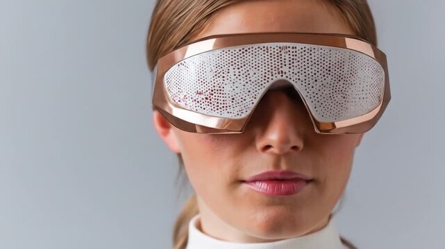 A woman wearing futuristic goggles with a sleek design and perforated lenses in a studio setting close-up