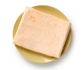 Plate with fresh thin lavash on white background