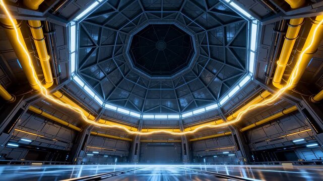 Sci-fi indoor scene with octagonal dome structure and glowing yellow pipes on reflective floor
