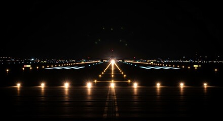 Fototapeta premium Runway illuminated at night, lights guiding a landing