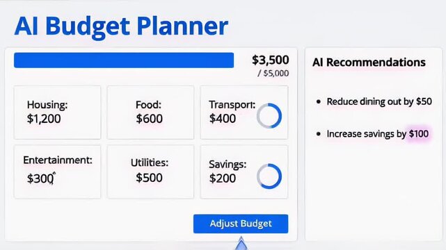 AI Budget Planner interface showing monthly category allocations and adjustable budget options.
