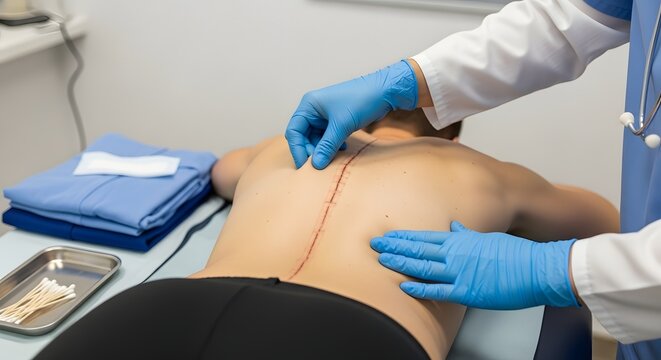 Medical professional examining a patient's back in a clinical setting