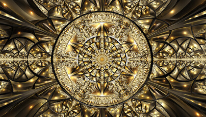 Obraz premium Ornate golden mandala fractal pattern, luxury geometric kaleidoscope background with glowing lights 華やかな黄金の曼荼羅フラクタル模様、輝く光の高級な幾何学万華鏡背景 デジタルイラスト