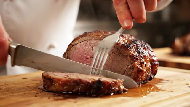 Chef Slicing a Perfectly Cooked Roast Beef on a Wooden Cutting Board.