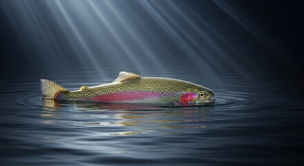 A rainbow trout floats gently in tranquil water, illuminated by beams of light from above