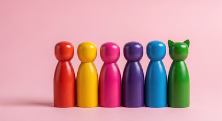 A row of colorful, wooden figures with rounded heads and a cat-shaped one