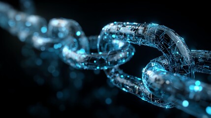 A close-up of a futuristic digital chain, symbolizing connectivity and security in the tech world. The glowing links are intricately designed, representing data flow in cyberspace.