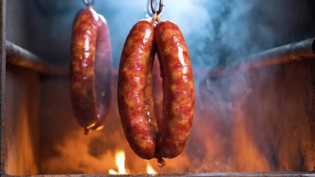 Close Up Of Smoking Sausages Hanging In A Smoker With Flames And Steam Rising Capturing The Authentic Cooking Process