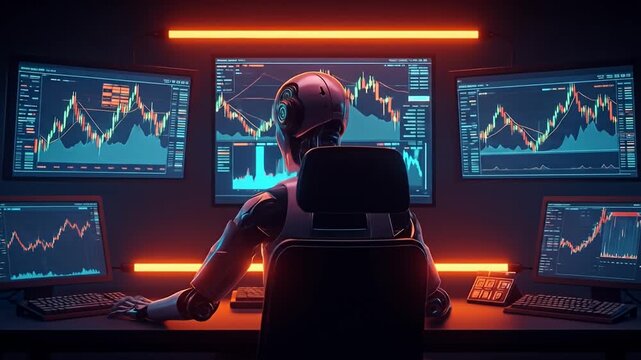 Robot stock trader sits at desk with five monitors showing stock trading graphs
