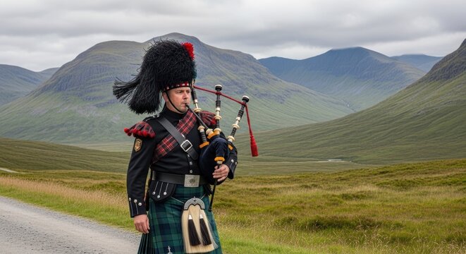 A piper in traditional garb plays his instrument on a road before a backdrop of mountains