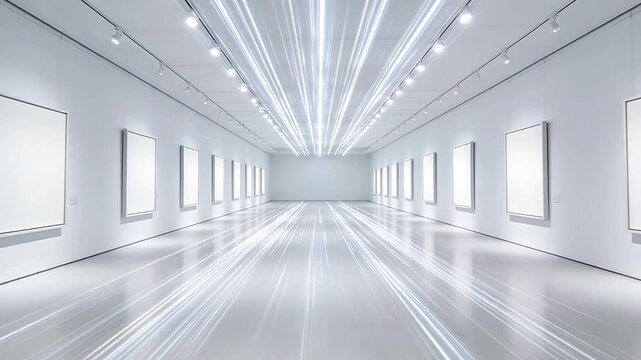 Minimalist white art exhibition space with symmetrical wall frames and radial ceiling lighting