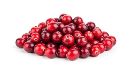 A vibrant pile of ripe, round red berries, freshly picked and arranged on a white background