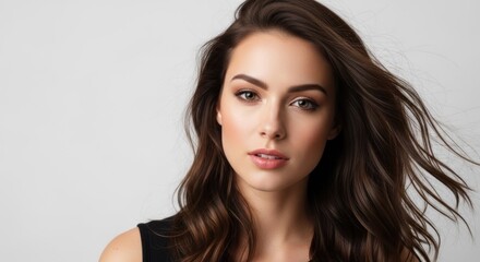 Naklejka premium Beautiful woman with long brown wavy hair looking directly at the viewer. Studio shot