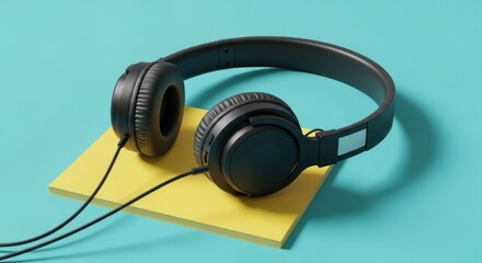 Black over-ear headphones sit on a yellow square against a blue background, side view