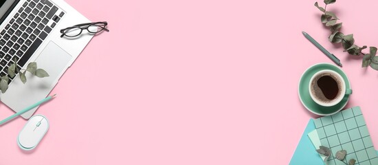 Cup of coffee, laptop, notebooks, glasses and eucalyptus branches on pink background with space for text, top view © Pixel-Shot