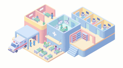 Isometric Hospital Building Interior with Ambulance, Medical Staff, and Patients. Pastel 3D Vector Illustration for Healthcare Infographics, Clinic Management, and Emergency Care Services.