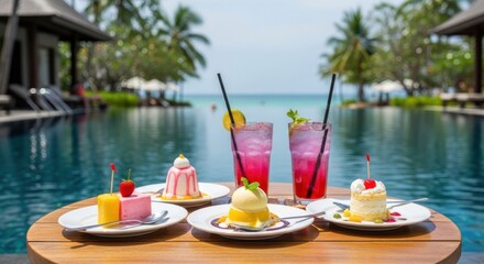 Obraz premium Table setting with treats & drinks overlooking a pool and ocean view