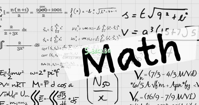 Animation of math text and mathematical formulae over white squared paper background