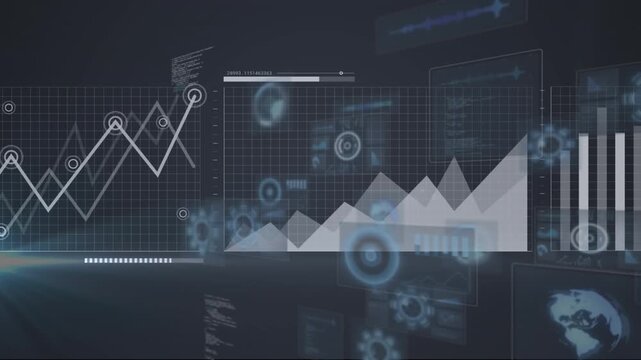 Animation of multiple graphs, globes, map, loading bars and computer language over black background