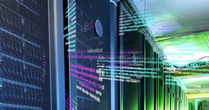 Animation of data processing against empty computer server room