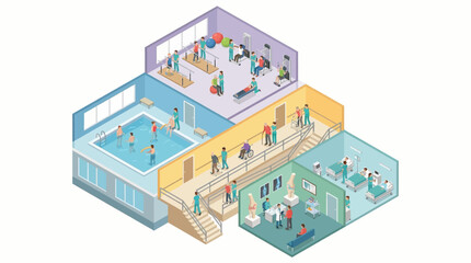 Fototapeta premium Isometric Medical Rehabilitation Center Interior with Physical Therapy Gym, Hydrotherapy Pool, Hospital Ward, and Orthopedic Clinic for Senior Care and Patient Recovery Services