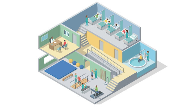 Isometric Medical Rehabilitation Center Interior with Physical Therapy Clinic, Patient Ward, and Hydrotherapy Pool for Healthcare Infographics and Hospital Management