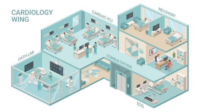 Isometric Cardiology Wing Hospital Floor Plan with Cardiac ICU, Cath Lab, and Patient Recovery Rooms. Professional Medical Facility Illustration for Healthcare Infographics and Design.