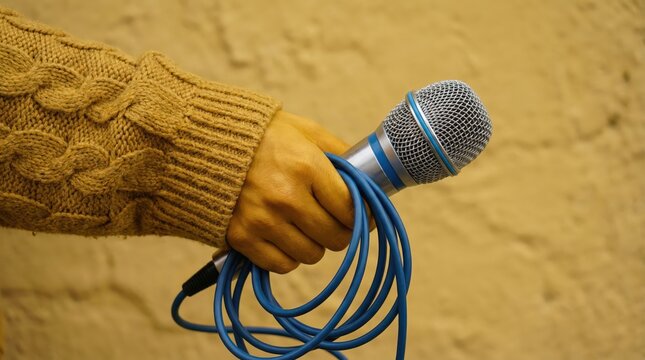 hand holding microphone over yellow background, panoramic mock up image announcement, broadcasting, background, cable, clipping, announce, audio