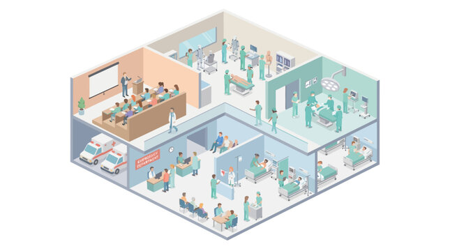 Isometric Hospital Interior View with Medical Staff, Surgery Room, Patient Ward, Emergency Department, and Medical School Classroom Illustration for Healthcare Management Infographics