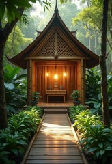 Obraz premium Bamboo Temple Open Air Jungle Sanctuary Ethereal Serenity Tranquil Escape