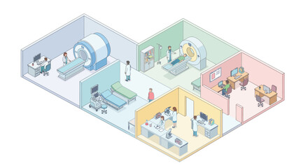 Isometric Hospital Interior with MRI Scanner and CT Machine. Medical Laboratory and Clinic Floor Plan Illustration with Doctors and Patients in Pastel Vector Style.