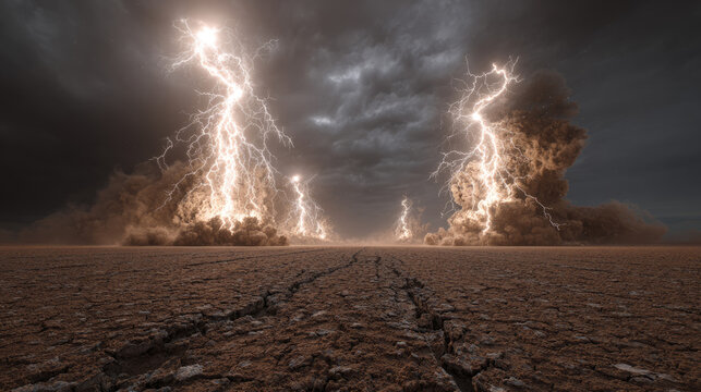 A dramatic landscape featuring intense lightning strikes illuminating a barren, cracked earth under dark, stormy skies. A powerful reminder of nature's force and beauty.