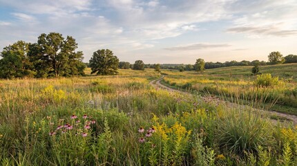 Winding dirt path through a vibrant summer prairie at golden hour with wildflowers and scattered trees
