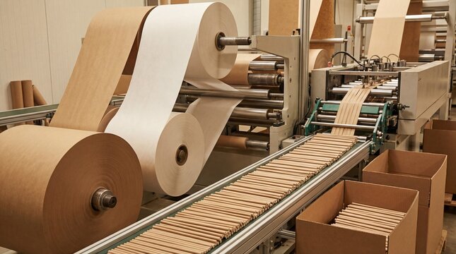 Industrial machinery processes large paper rolls, producing cylindrical paper sticks on a conveyor belt in a factory