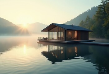 Obraz premium Enchanting Boathouse Nestled on Serene Lake at Dawn Ethereal Mist Reflections and Calm Waters