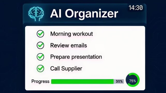 Screenshot of AI Organizer dashboard displaying daily tasks and a progress indicator.