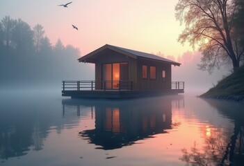 Obraz premium Floating Boathouse on Calm Lake at Sunrise with Soft Reflection and Gentle Mist
